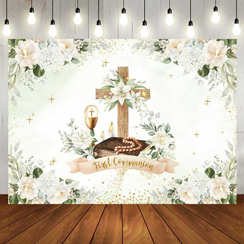 Aperturee Aperturee First Holy Communion Photography Backdrop White Floral Cross and Greenery God Bless Baptism Photo Prop Decor