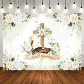 Aperturee Aperturee First Holy Communion Photography Backdrop White Floral Cross and Greenery God Bless Baptism Photo Prop Decor