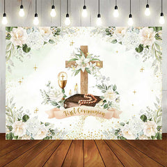 Aperturee Aperturee First Holy Communion Photography Backdrop White Floral Cross and Greenery God Bless Baptism Photo Prop Decor