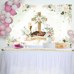 Aperturee Aperturee First Holy Communion Photography Backdrop White Floral Cross and Greenery God Bless Baptism Photo Prop Decor