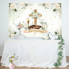 Aperturee Aperturee First Holy Communion Photography Backdrop White Floral Cross and Greenery God Bless Baptism Photo Prop Decor