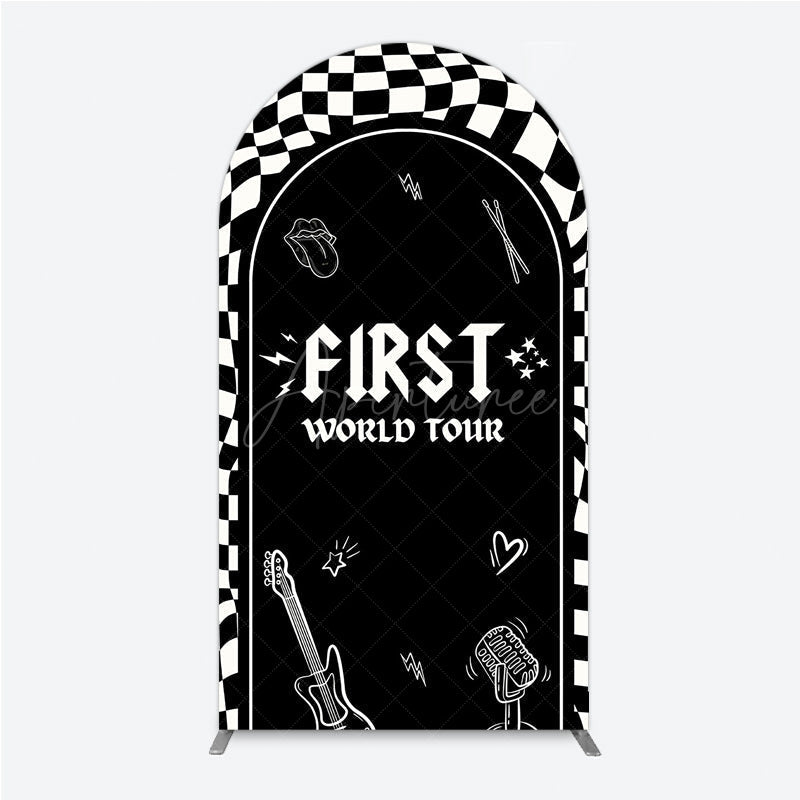 Aperturee - Aperturee First World Tour Rock Star Birthday Arch Backdrop Black and White Checkered Music Theme Band Photo Booth Decor