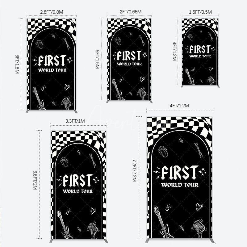Aperturee - Aperturee First World Tour Rock Star Birthday Rectangle Backdrop Black and White Checkered Music Theme Band Photo Booth Decor