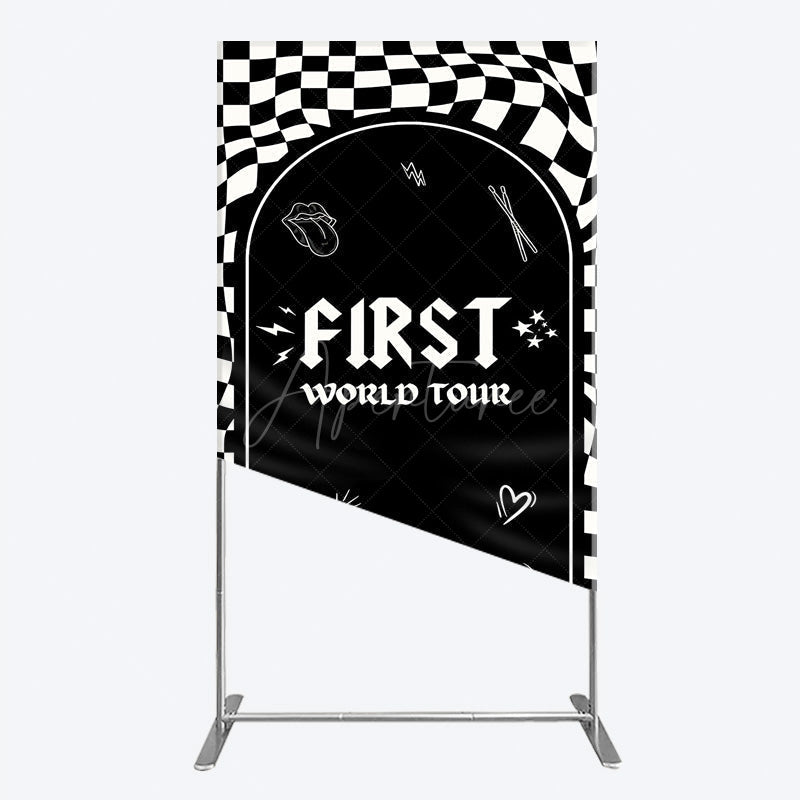 Aperturee - Aperturee First World Tour Rock Star Birthday Rectangle Backdrop Black and White Checkered Music Theme Band Photo Booth Decor