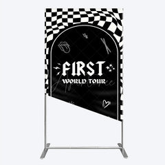 Aperturee - Aperturee First World Tour Rock Star Birthday Rectangle Backdrop Black and White Checkered Music Theme Band Photo Booth Decor