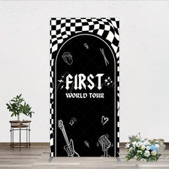 Aperturee - Aperturee First World Tour Rock Star Birthday Rectangle Backdrop Black and White Checkered Music Theme Band Photo Booth Decor