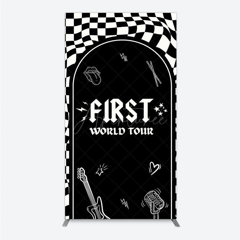 Aperturee - Aperturee First World Tour Rock Star Birthday Rectangle Backdrop Black and White Checkered Music Theme Band Photo Booth Decor