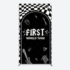 Aperturee - Aperturee First World Tour Rock Star Birthday Rectangle Backdrop Black and White Checkered Music Theme Band Photo Booth Decor
