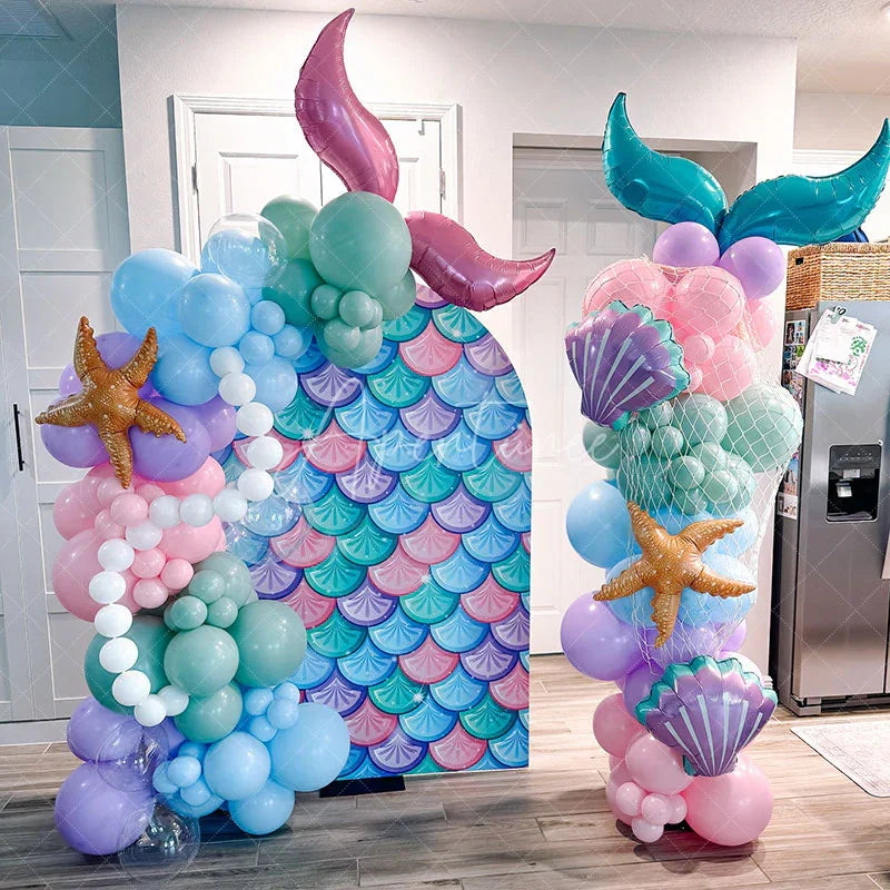 Aperturee - Aperturee Fish Scales Purple Mermaid Birthday Arch Backdrop