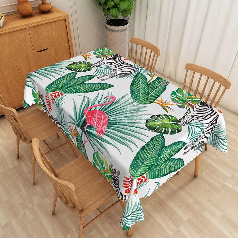 Aperturee - Aperturee Flamingo and Zebra Tropical Rectangle Tablecloth Jungle Leaves and Exotic Flowers Table Cover Safari Party