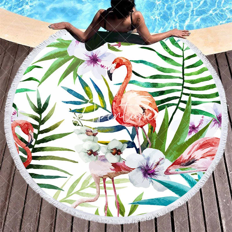 Aperturee - Aperturee Flamingo Hawaii Style Summer Vibe Round Beach Towel