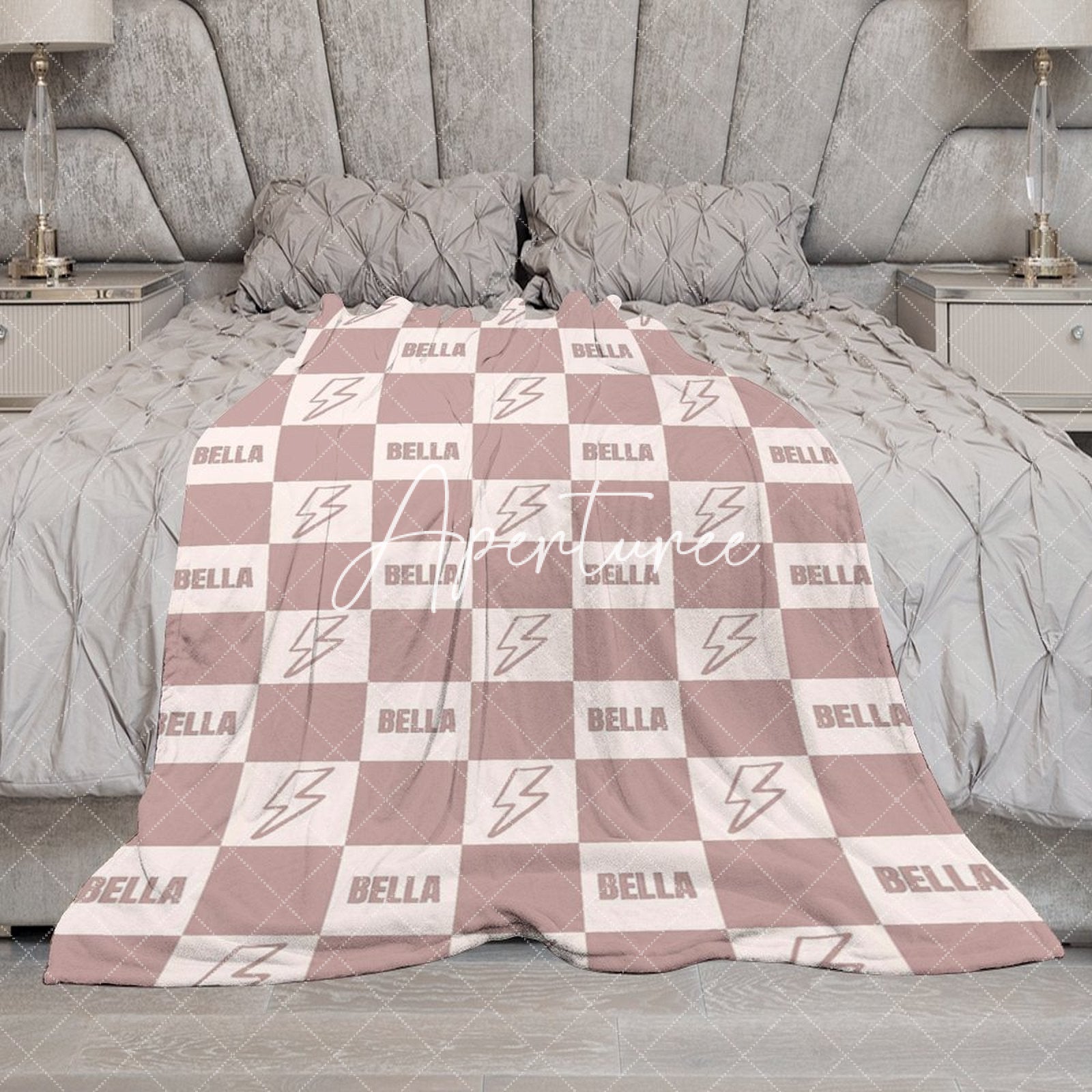 Aperturee - Aperturee Flesh Pink Lightning Icon Plaid Custom Name Blanket