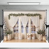 Aperturee - Aperturee Flocked Christmas Trees and Snowy Window Holiday Backdrop Cozy Winter Scene with Gifts and Warm Lights