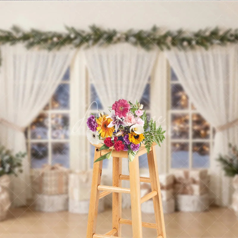 Aperturee - Aperturee Flocked Christmas Trees and Snowy Window Holiday Backdrop Cozy Winter Scene with Gifts and Warm Lights