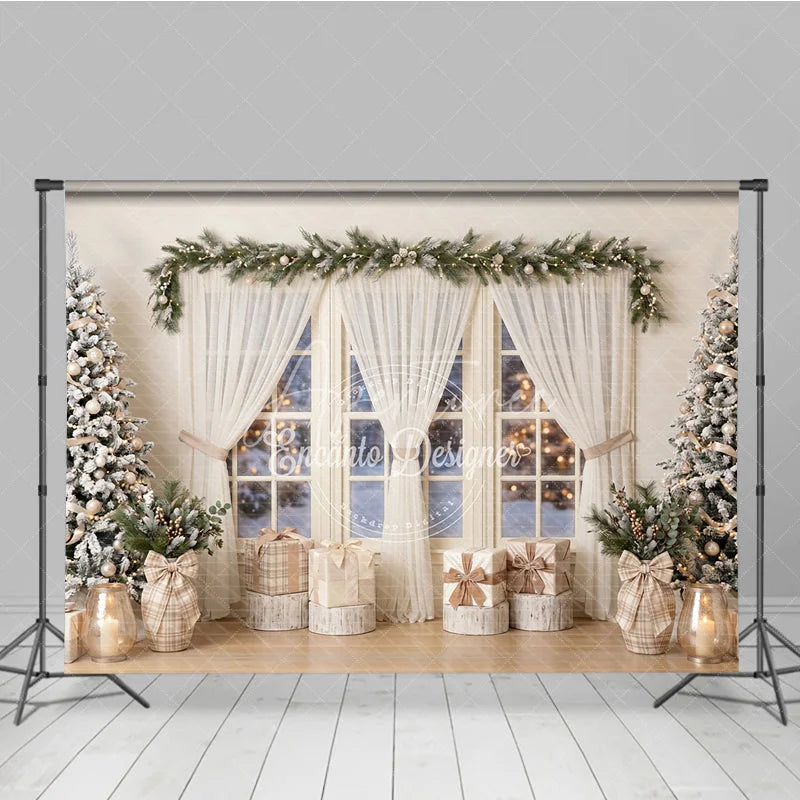 Aperturee - Aperturee Flocked Christmas Trees and Snowy Window Holiday Backdrop Cozy Winter Scene with Gifts and Warm Lights