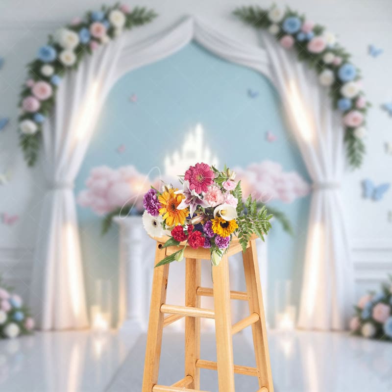 Aperturee - Aperturee Floral Arch Butterfly Light Airy Wedding Backdrop