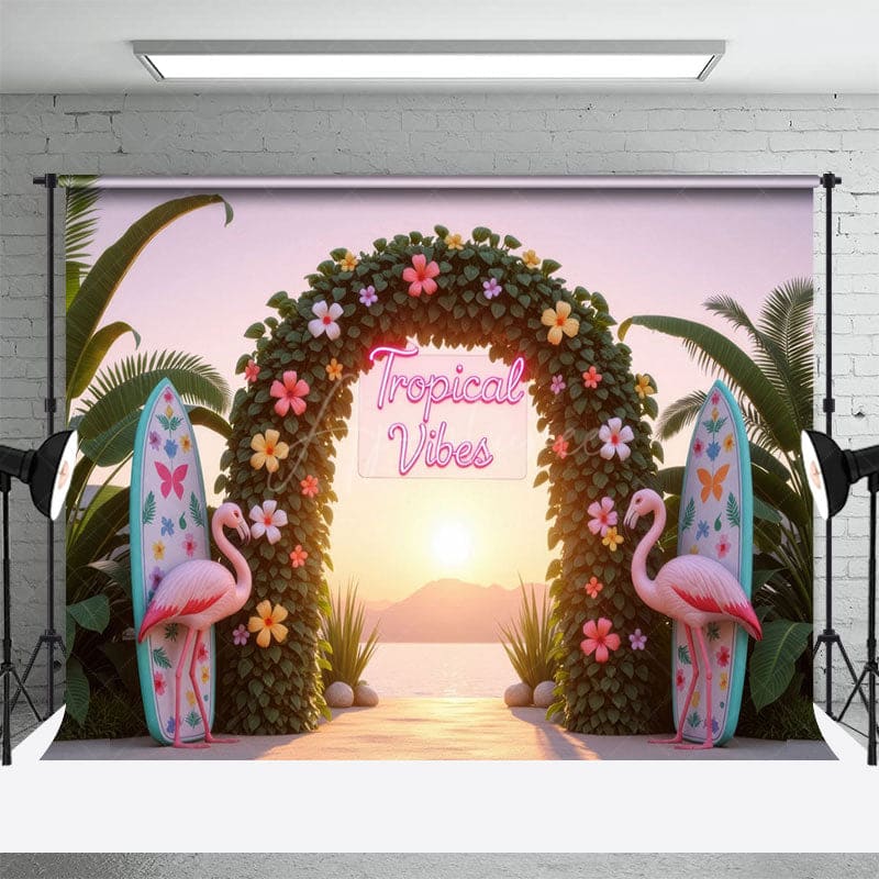 Aperturee - Aperturee Floral Arch Flamingo Tropical Surf Summer Backdrop