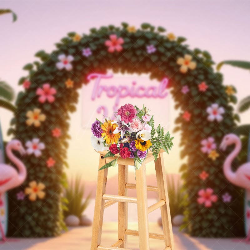 Aperturee - Aperturee Floral Arch Flamingo Tropical Surf Summer Backdrop
