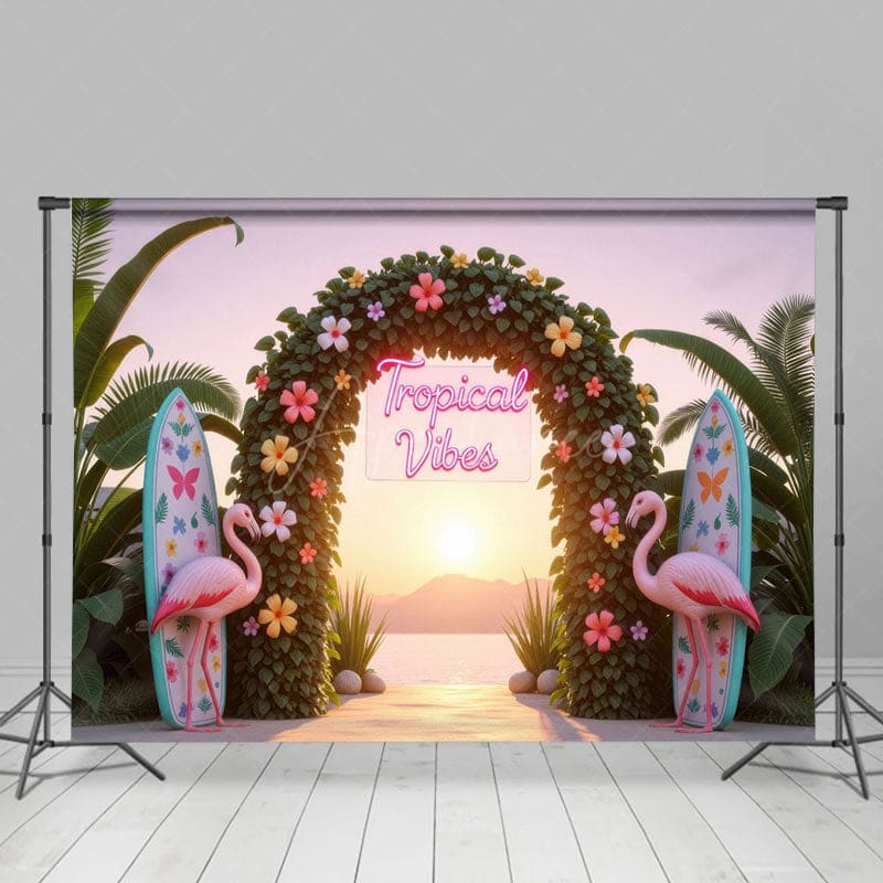 Aperturee - Aperturee Floral Arch Flamingo Tropical Surf Summer Backdrop