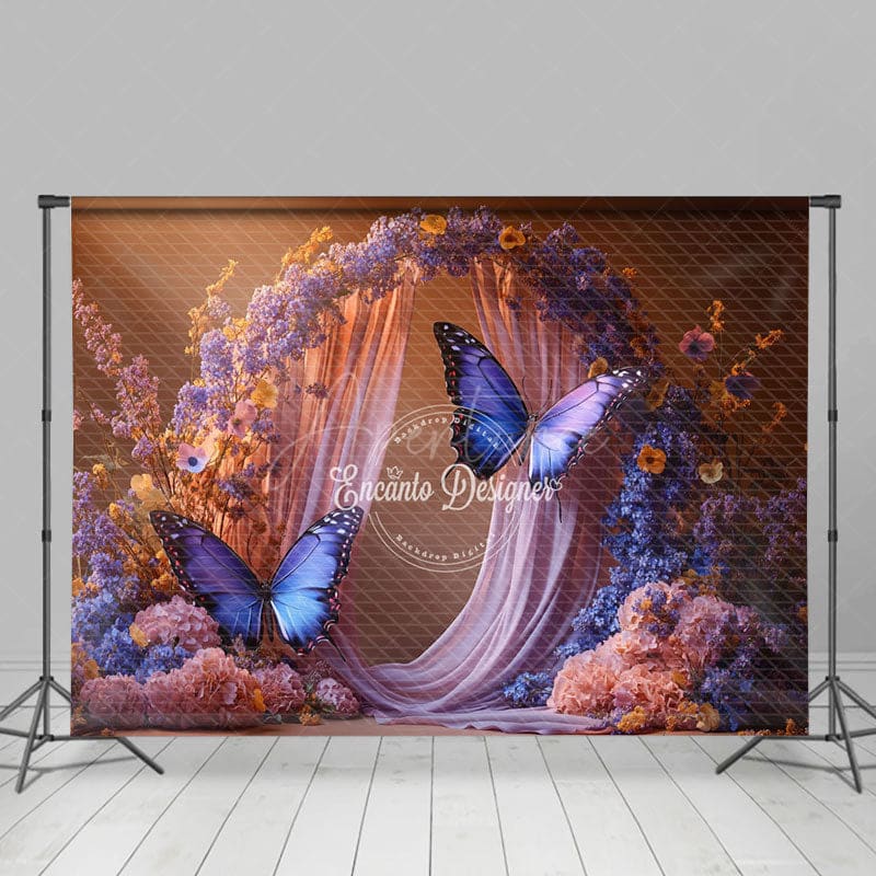Aperturee - Aperturee Floral Arch Purple Butterfly Wedding Photo Backdrop