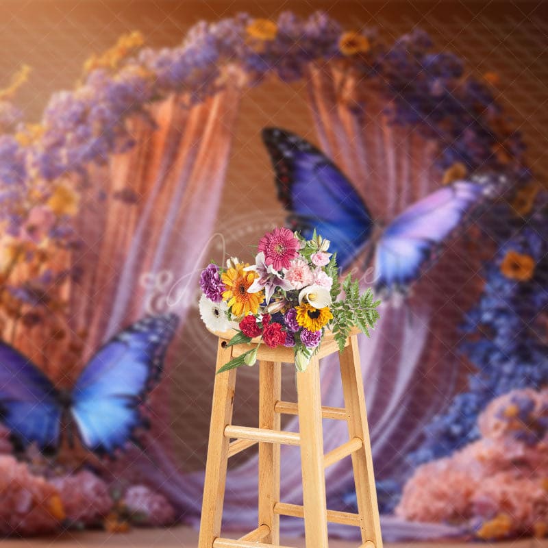 Aperturee - Aperturee Floral Arch Purple Butterfly Wedding Photo Backdrop