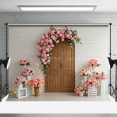 Aperturee - Aperturee Floral Arch Wooden Door White Brick Wedding Backdrop