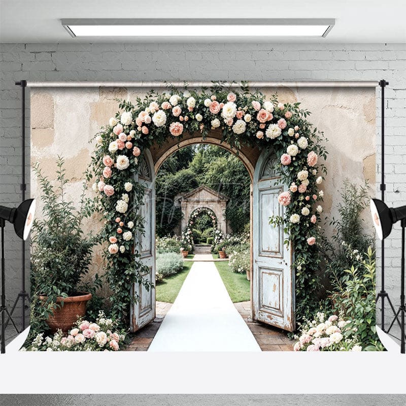 Aperturee - Aperturee Floral Arched Door Sweet Outdoor Wedding Backdrop
