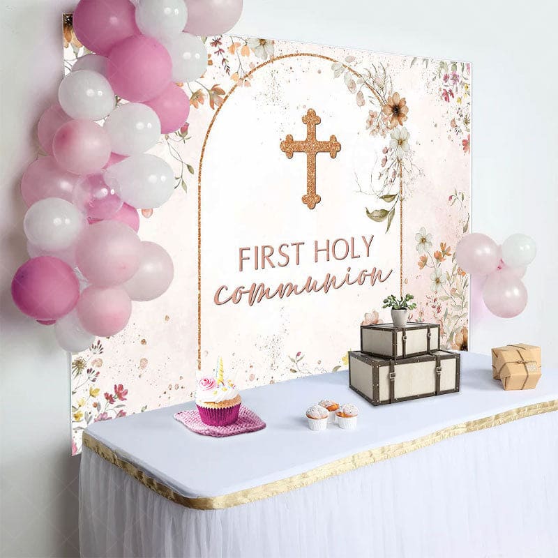 Aperturee - Aperturee Floral Autumn Pink First Holy Communion Backdrop