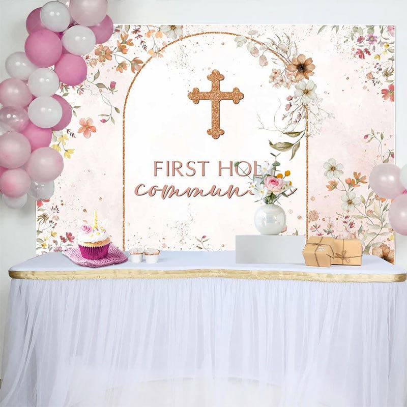 Aperturee - Aperturee Floral Autumn Pink First Holy Communion Backdrop