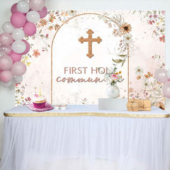 Aperturee - Aperturee Floral Autumn Pink First Holy Communion Backdrop