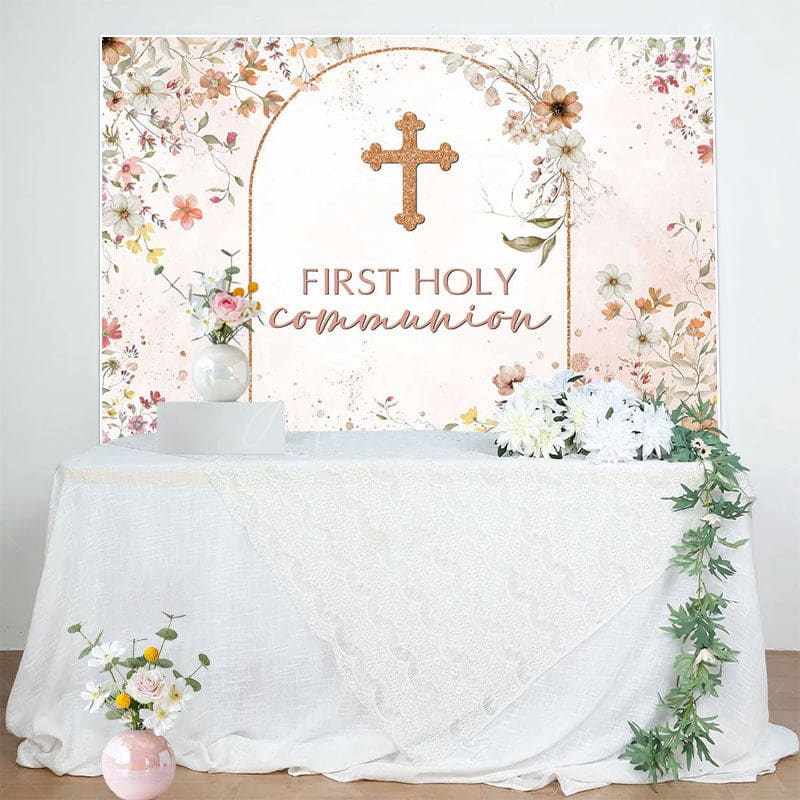 Aperturee - Aperturee Floral Autumn Pink First Holy Communion Backdrop