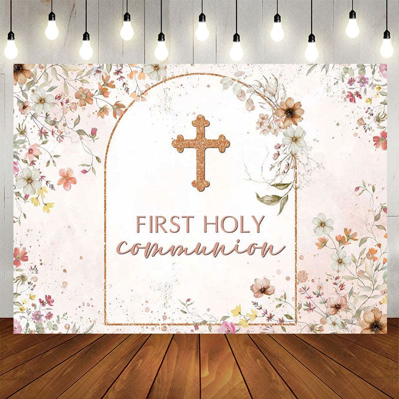 Aperturee - Aperturee Floral Autumn Pink First Holy Communion Backdrop