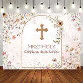 Aperturee - Aperturee Floral Autumn Pink First Holy Communion Backdrop