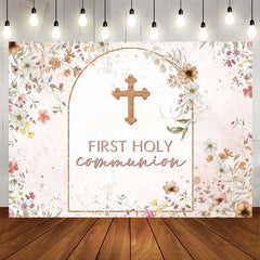 Aperturee - Aperturee Floral Autumn Pink First Holy Communion Backdrop