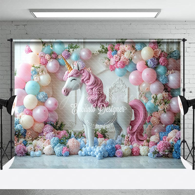 Aperturee - Aperturee Floral Balloon Arched Unicorn Cake Smash Backdrop