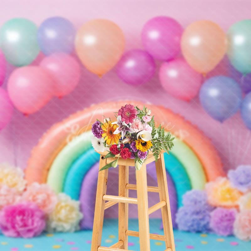 Aperturee - Aperturee Floral Balloon Rainbow Shape Cake Smash Backdrop