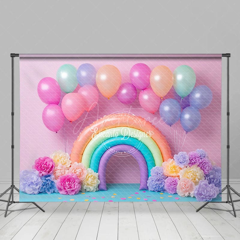 Aperturee - Aperturee Floral Balloon Rainbow Shape Cake Smash Backdrop