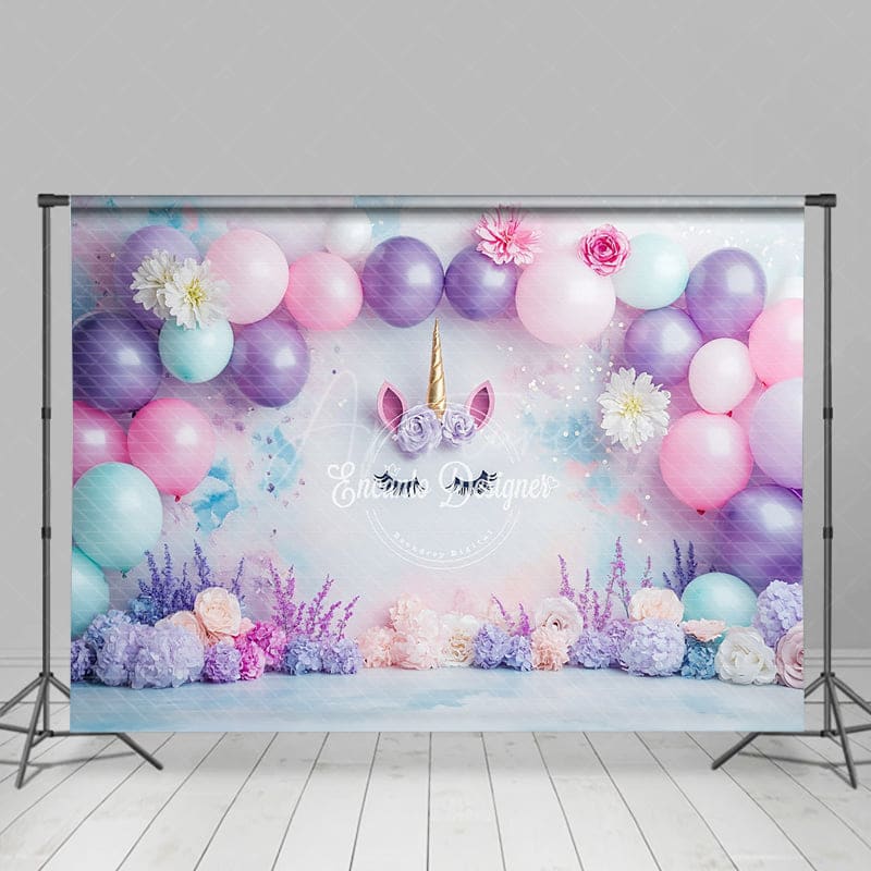 Aperturee - Aperturee Floral Balloons Arched Unicorn Cake Smash Backdrop