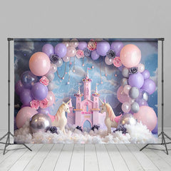 Aperturee - Aperturee Floral Balloons Castle Unicorn Cake Smash Backdrop