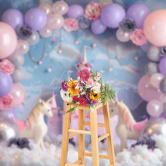 Aperturee - Aperturee Floral Balloons Castle Unicorn Cake Smash Backdrop