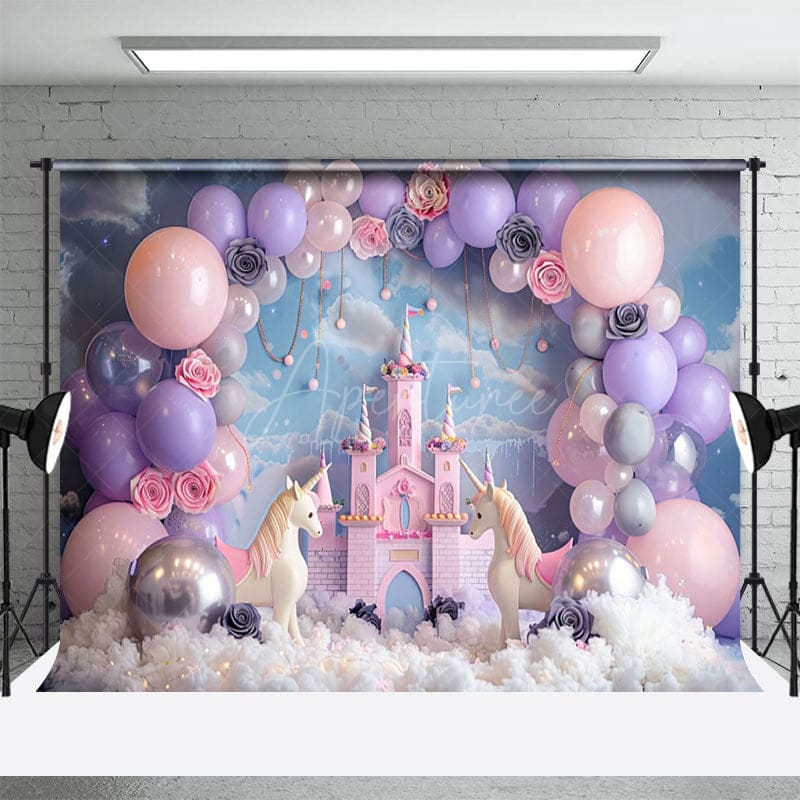 Aperturee - Aperturee Floral Balloons Castle Unicorn Cake Smash Backdrop