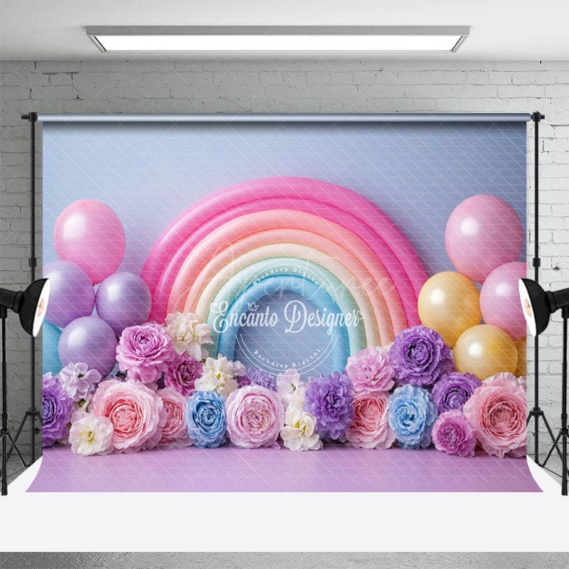 Aperturee - Aperturee Floral Balloons Rainbow Birthday Cake Smash Backdrop