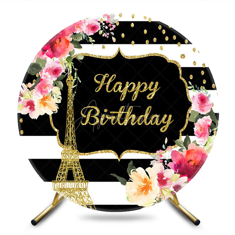 Aperturee - Aperturee Floral Black White Paris Circle Birthday Backdrop