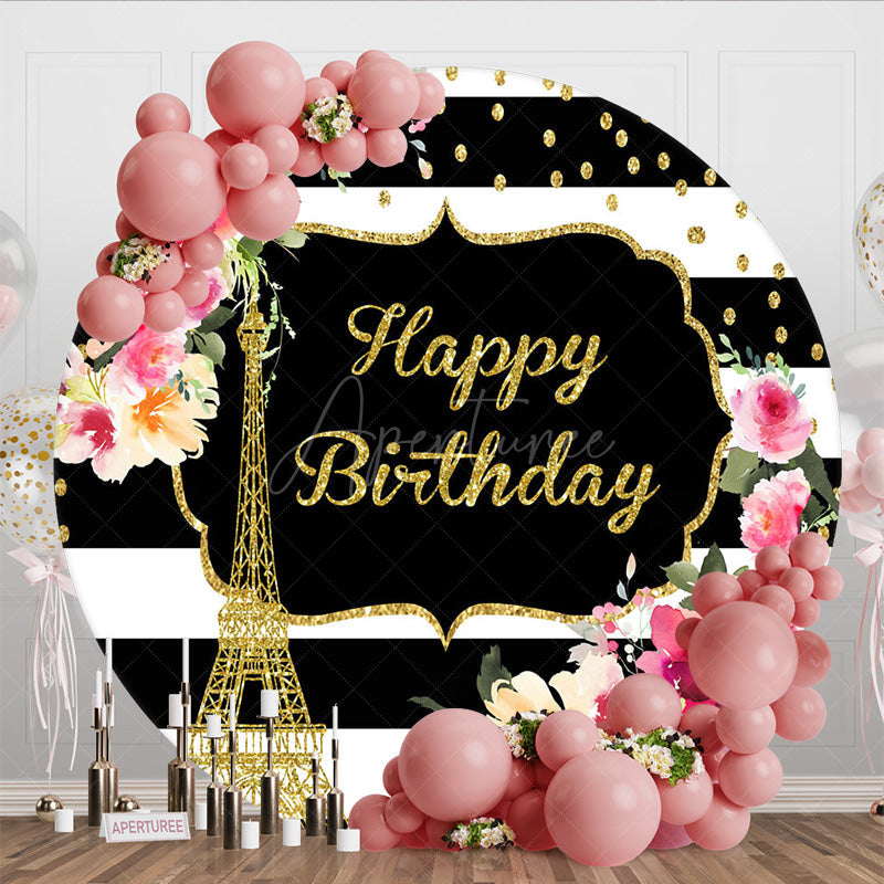 Aperturee - Aperturee Floral Black White Paris Circle Birthday Backdrop