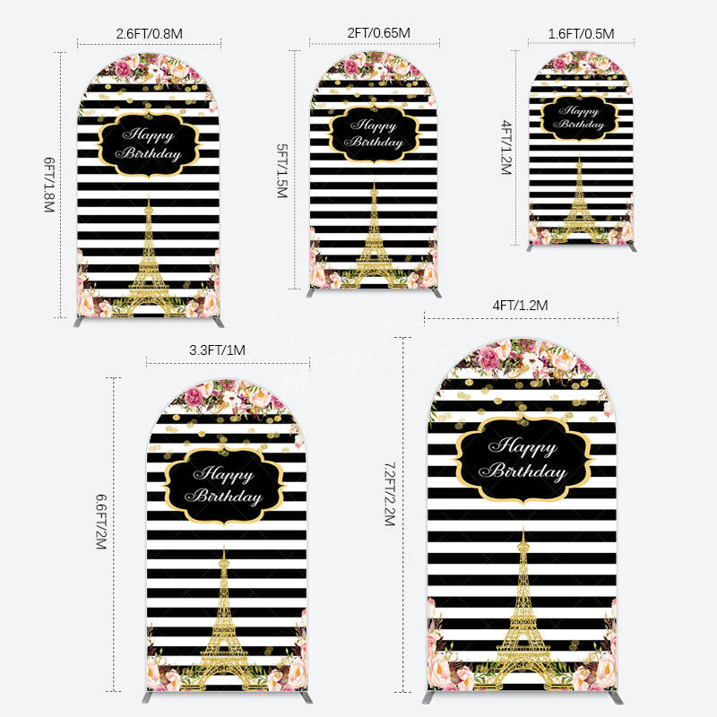 Aperturee - Aperturee Floral Black White Stripe Tower Birthday Arch Backdrop