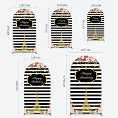 Aperturee - Aperturee Floral Black White Stripe Tower Birthday Arch Backdrop