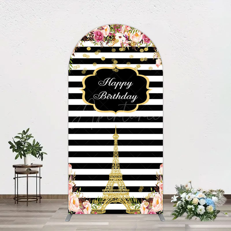 Aperturee - Aperturee Floral Black White Stripe Tower Birthday Arch Backdrop