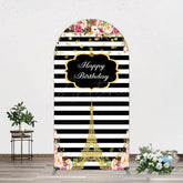 Aperturee - Aperturee Floral Black White Stripe Tower Birthday Arch Backdrop