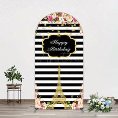 Aperturee - Aperturee Floral Black White Stripe Tower Birthday Arch Backdrop