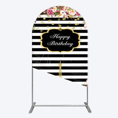 Aperturee - Aperturee Floral Black White Stripe Tower Birthday Arch Backdrop